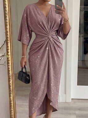 Dusty Pink Sequin Party Women's Plus Size V-Neck Midi Dress